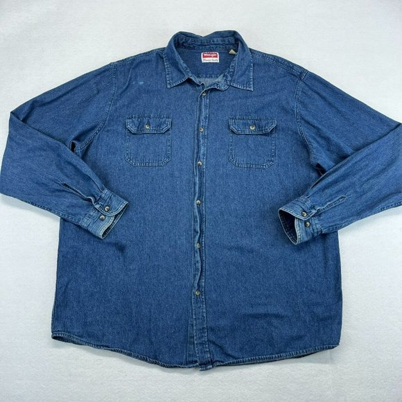 Wrangler Denim Shirt 2XLT Men's Button Up Western Shirt Long Sleeve Medium Wash - Picture 1 of 12
